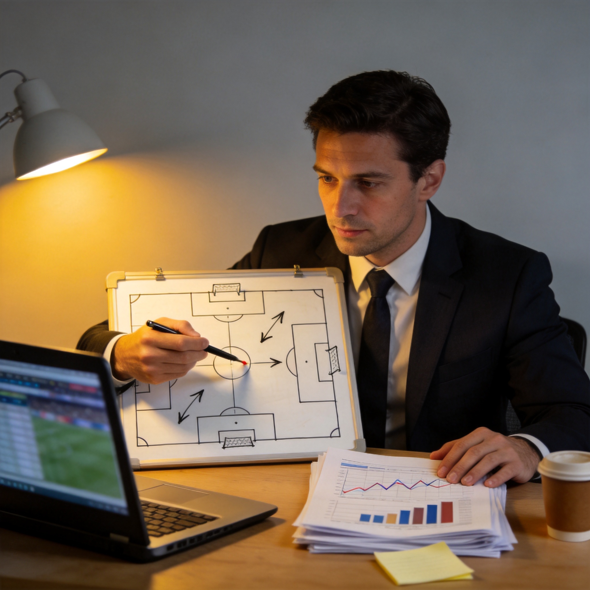 赛事分析人员查看战术板与数据图表